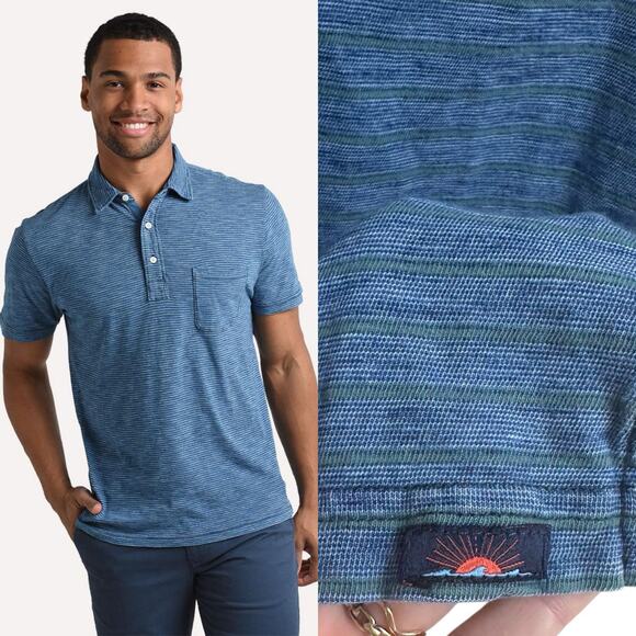 Faherty Sunwashed Indigo Dyed Green Sriped Pocket Polo - L - Picture 1 of 7
